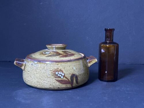 Stoneware Pot With Lid, Floral Motif and Embossed Scotch Oil Bottle