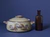 Stoneware Pot With Lid, Floral Motif and Embossed Scotch Oil Bottle - 2