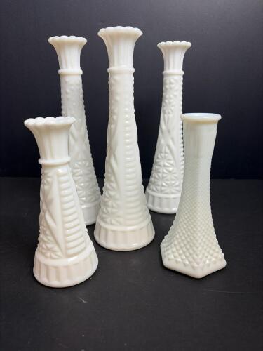 Five Milk Glass Vases in Diamond Pattern, Brody Co. Cleveland
