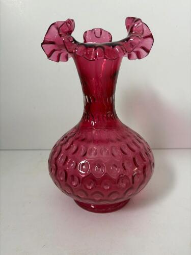 Cranberry Glass Vase With Ruffled Rim and Hobnail Pattern