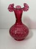 Cranberry Glass Vase With Ruffled Rim and Hobnail Pattern
