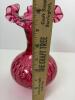 Cranberry Glass Vase With Ruffled Rim and Hobnail Pattern - 7