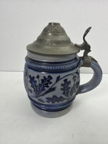 Blue-Grey Glaze German Beer Stein With Pewter Lid