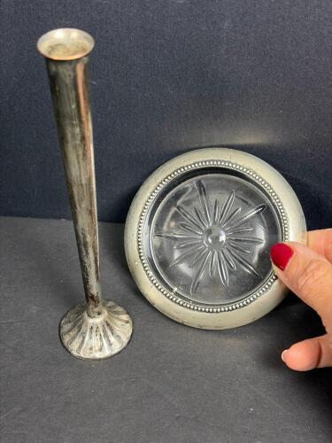 Silverplate Bud Vase and Glass Coaster, Empire-Style