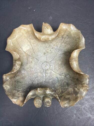 Carved Stone Leaf-Form Bowl with Lotus Pod Decoration