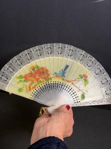 Handheld Fan With Floral and Bird Motif, Pierced Plastic Sticks