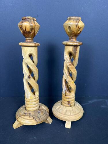 Pair of Hand-Carved Spiral Turned Wood Candlesticks