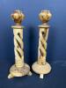 Pair of Hand-Carved Spiral Turned Wood Candlesticks