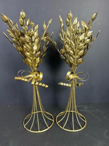 Pair of Gold-Tone Metal Floriform Candleholders in Hollywood Regency Style
