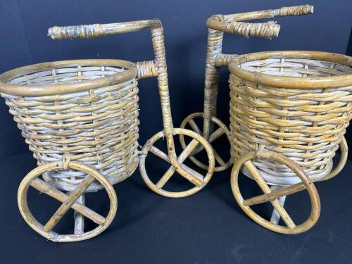 Pair of Small Wicker Tricycle Planters