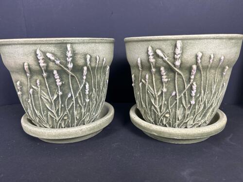 Pair of Pottery Flower Pots with Saucers