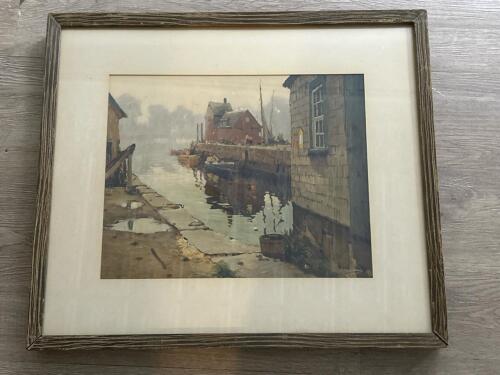 Framed Harbor Scene in Rustic Frame - 22.5x19