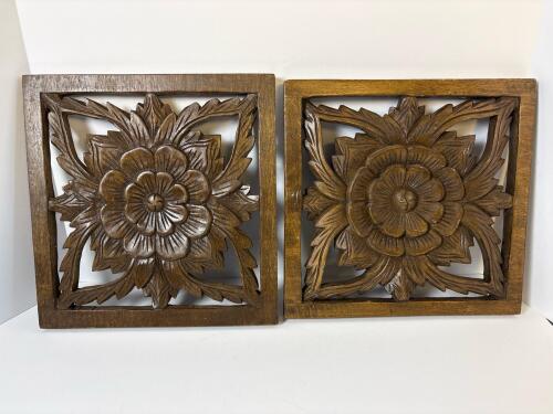 Pair of Hand-Carved Floral Wood Wall Panels, Myanmar-Style