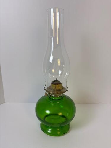 Green Glass Oil Lamp with Brass Burner