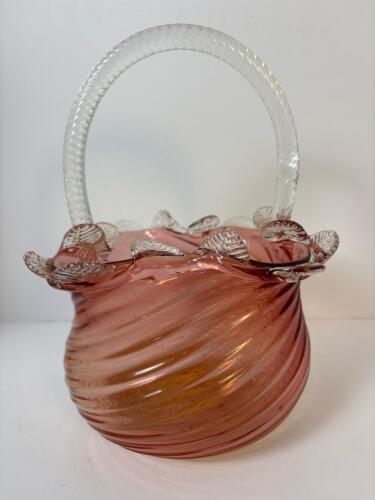 Victorian-Style Pink Art Glass Basket With Clear Handle