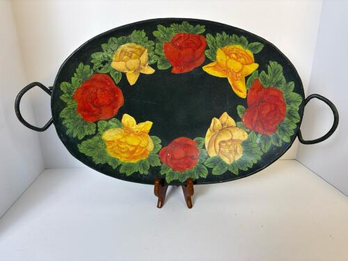 Hand-Painted Metal Serving Tray With Floral Motif