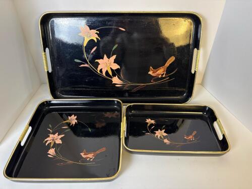 Japanese Black Lacquer Serving Trays With Bird and Floral Design