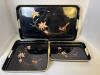 Japanese Black Lacquer Serving Trays With Bird and Floral Design