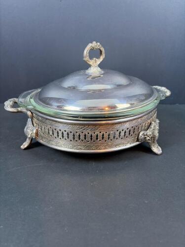 Fire-King Anchor Hocking Glass Casserole With Silverplate Holder