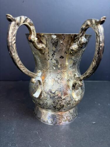 Silver-Plated Brass Two-Handled Mug with Engraved Hebrew Script
