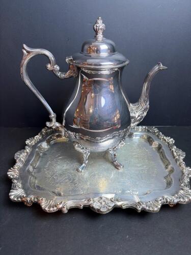 Silver on Copper Coffee Pot with Ornate Tray, Rococo-Style