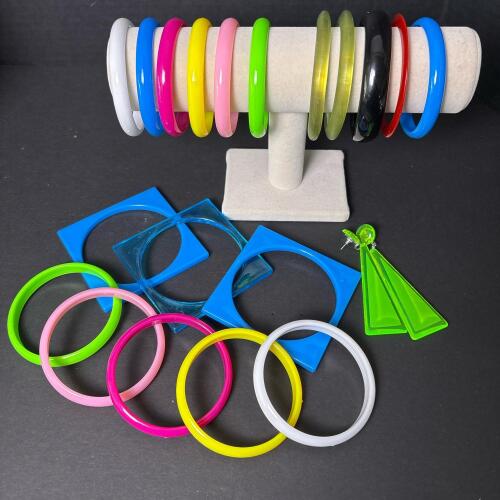 Colorful Retro-Style Plastic Bangles and Neon Earrings