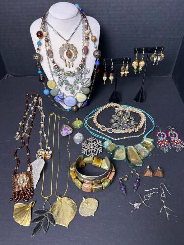 Handmade and Costume Jewelry Lot, Beaded, Metal, Stone