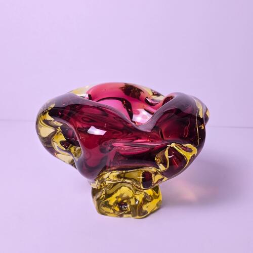 Murano-Style Art Glass Ashtray Bowl in Amberina Colors