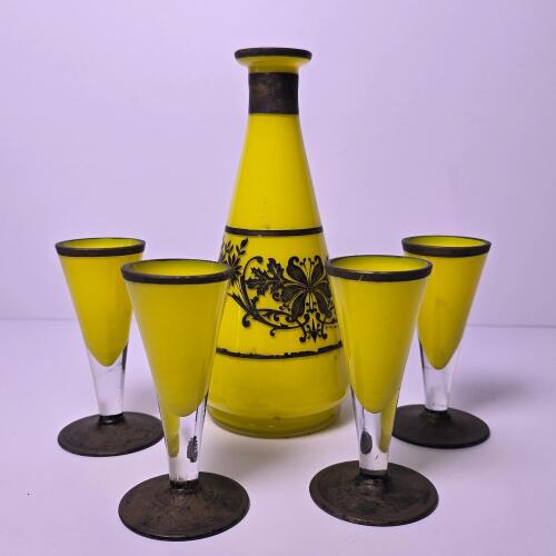 Yellow Glass Decanter with Sterling Overlay and Cordials