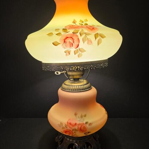 Hand-Painted Glass Hurricane Lamp With Floral Motif, Metal Base