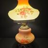 Hand-Painted Glass Hurricane Lamp With Floral Motif, Metal Base