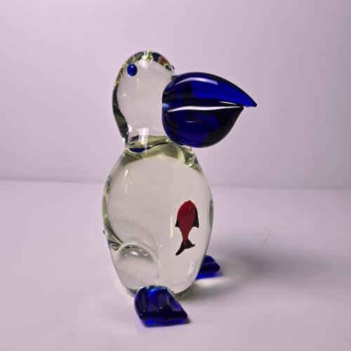 Murano-Style Art Glass Pelican Paperweight with Fish Motif