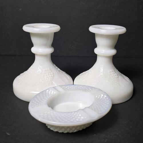 Milk Glass Candlesticks and Ashtray with Grape Motif