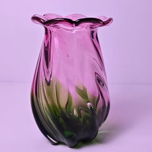 Art Glass Vase With Swirled Pink and Green Design