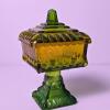 Green and Amber Pressed Glass Covered Pedestal Candy Dish
