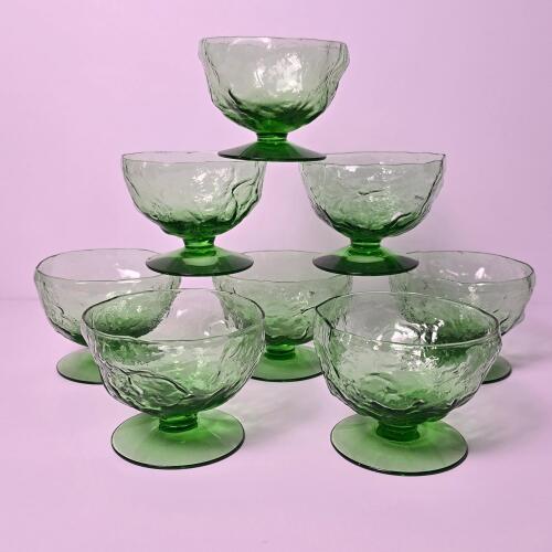 Green Textured Glass Dessert Compotes in Mid-Century Modern Style