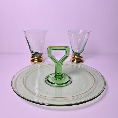 Green Glass Dessert Tray with Handle and Gold-Trim Glasses