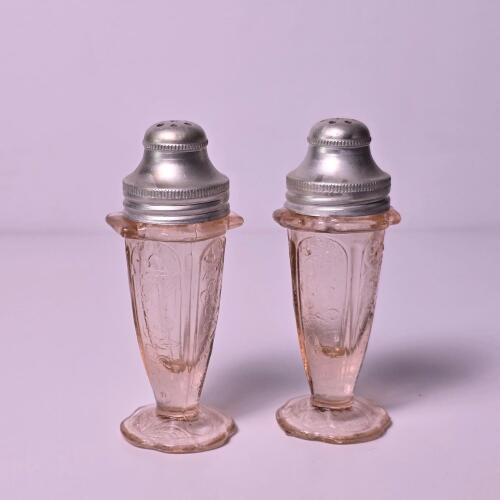 Pair of Pink Depression Glass Shakers with Metal Lids