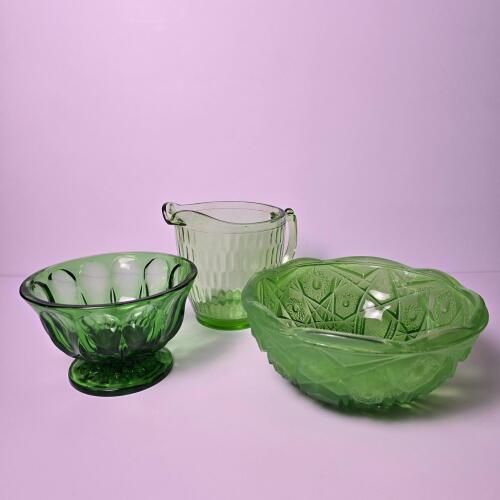 Green Depression Glass Bowl, Footed Dish & Pitcher Trio