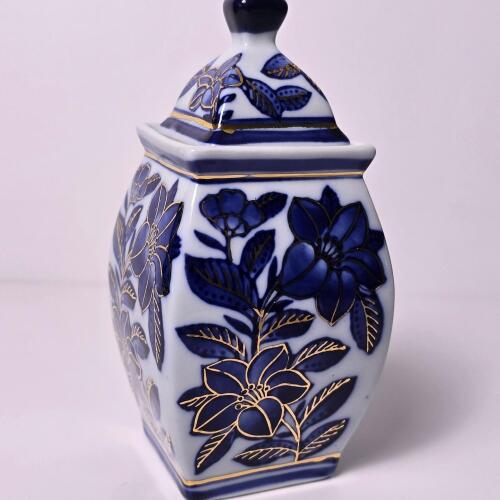 Blue and White Porcelain Ginger Jar with Gold Floral Design