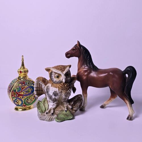Decorative Figurines: Horse, Owl & Ornate Cloisonn&eacute;-Style Keepsake