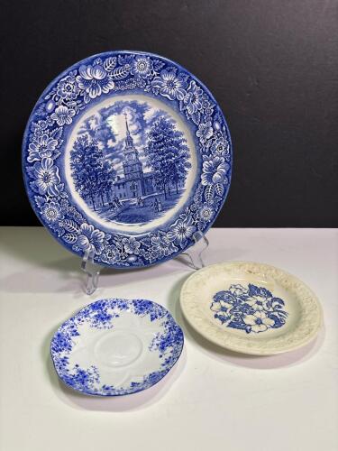 Liberty Blue Independence Hall Plate, Shelley Dainty Blue Saucer, Wild Fire USA Floral Bowl