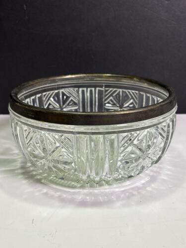 Cut Glass Bowl with Silver Plate Rim