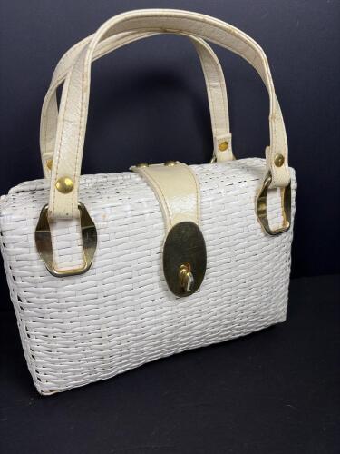 White Woven Handbag With Gold-Tone Hardware