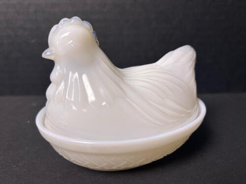 Very Small Milk Glass Hen on Nest Covered Dish
