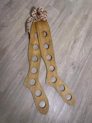 Pair of Vintage Wooden Sock Stretchers with Polka Dot Bow