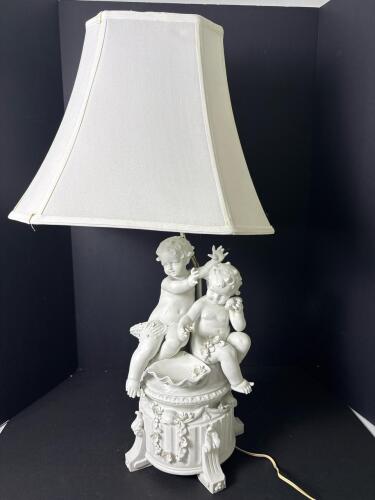 Bisque Porcelain Cherub Figural Table Lamp