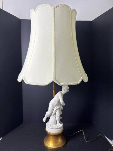 Porcelain Figural Table Lamp With Cherub and Fabric Shade
