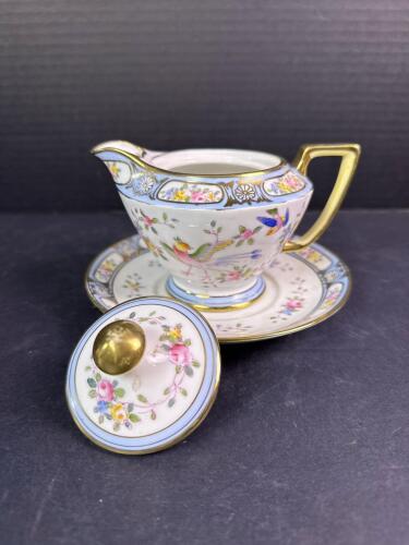 Hand Painted Nippon Creamer with Lid and Saucer, Floral and Bird Motif