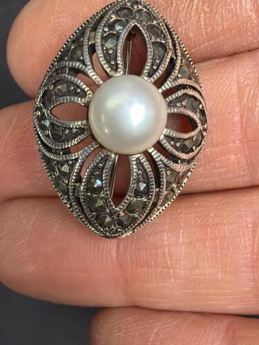 Sterling Silver 925 Marcasite and Pearl Brooch
